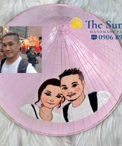 Nón lá vẽ Chibi nền hồng, couple