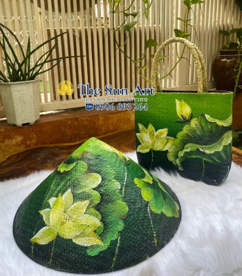 Combo nón - túi cỏ bàng vẽ_Hoa Sen trắng xanh
