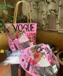 combo túi xách và nón cỏ bàng vẽ nghệ thuật theo yêu cầu