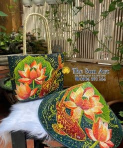 combo túi cỏ bàng và nón cỏ bàng vẽ nghệ thuật theo yêu cầu