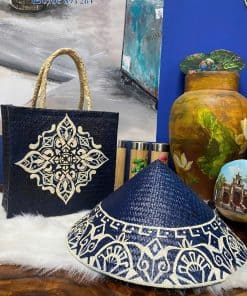 combo túi xách và nón cỏ bàng họa tiết thổ cẩm thiết kế độc đáo