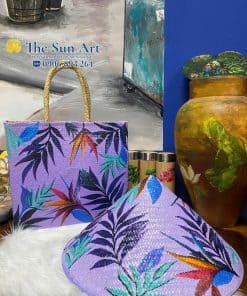 combo túi xách cỏ bàng và nón cỏ bàng vẽ hoa văn theo yêu cầu tại tphcm