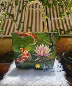 túi xách cỏ bàng vẽ hoa súng và cá koi tphcm, saigon
