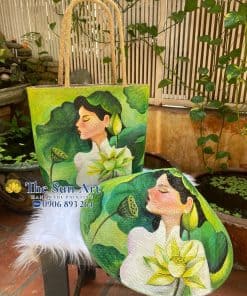 combo túi xách cỏ bàng và nón cỏ bàng vẽ cô gái ở tphcm, vietnam