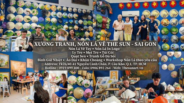 Nón Lá Vẽ Tay – Nón Lá In Logo – Ly Tre – Mẹt Tre – Túi Cói – Quạt Sen – Tranh Gỗ Đá Sỏi – Bình Giữ Nhiệt – Áo Dài – Khăn Choàng – Workshop Nón Lá theo yêu cầu tại The Sun Art