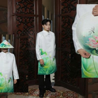 shop bán áo dài vẽ hoa sen thủ công tại saigon hcmc