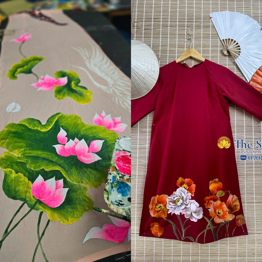 Vẽ áo dài hoa sen theo yêu cầu tại The Sun Art