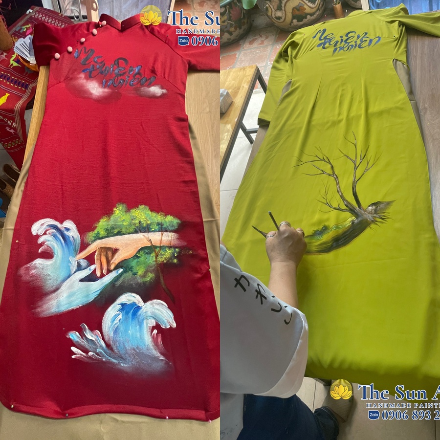 Áo dài vẽ tay họa tiết truyền thống The Sun Art